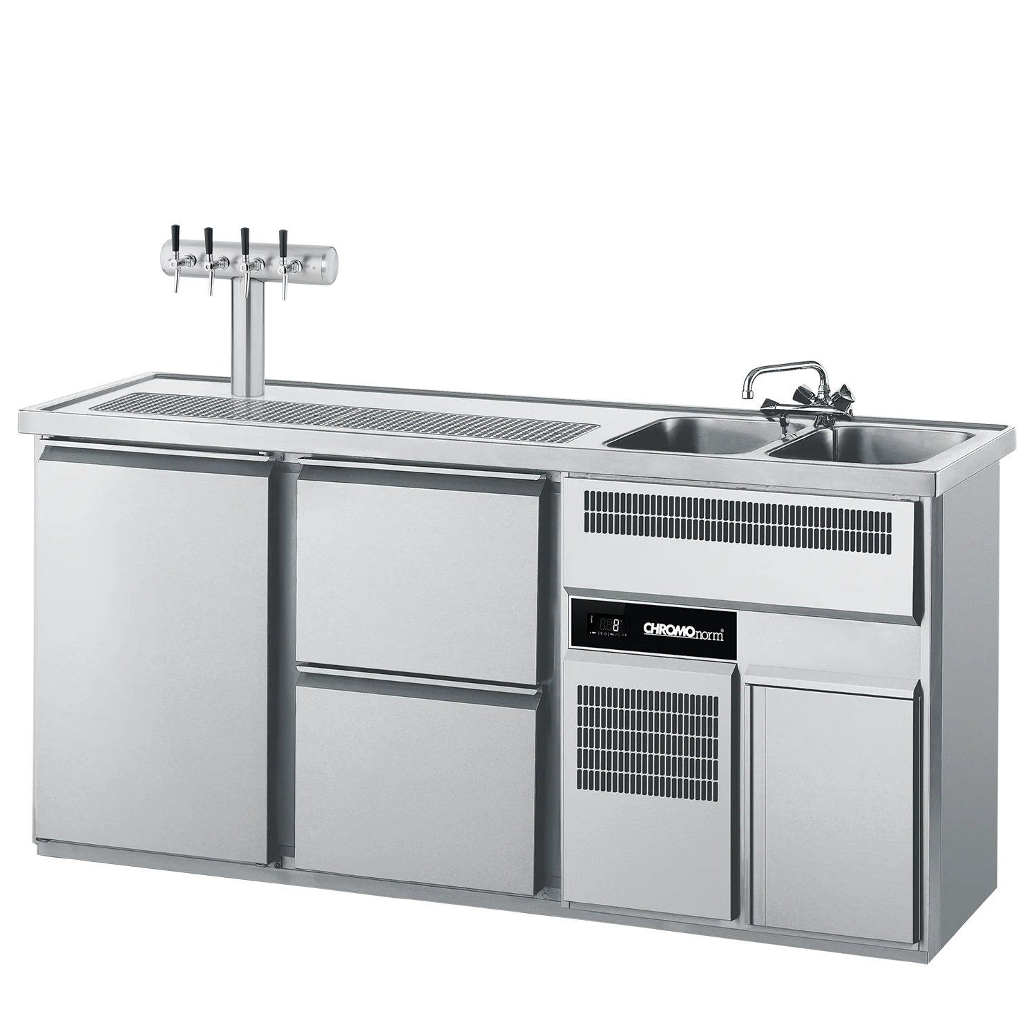 Bild von Getränketheke GN 1/1, 2 Becken rechts, 2 Türen, mit Abdeckung, steckerfertig - 1950x700x980 mm