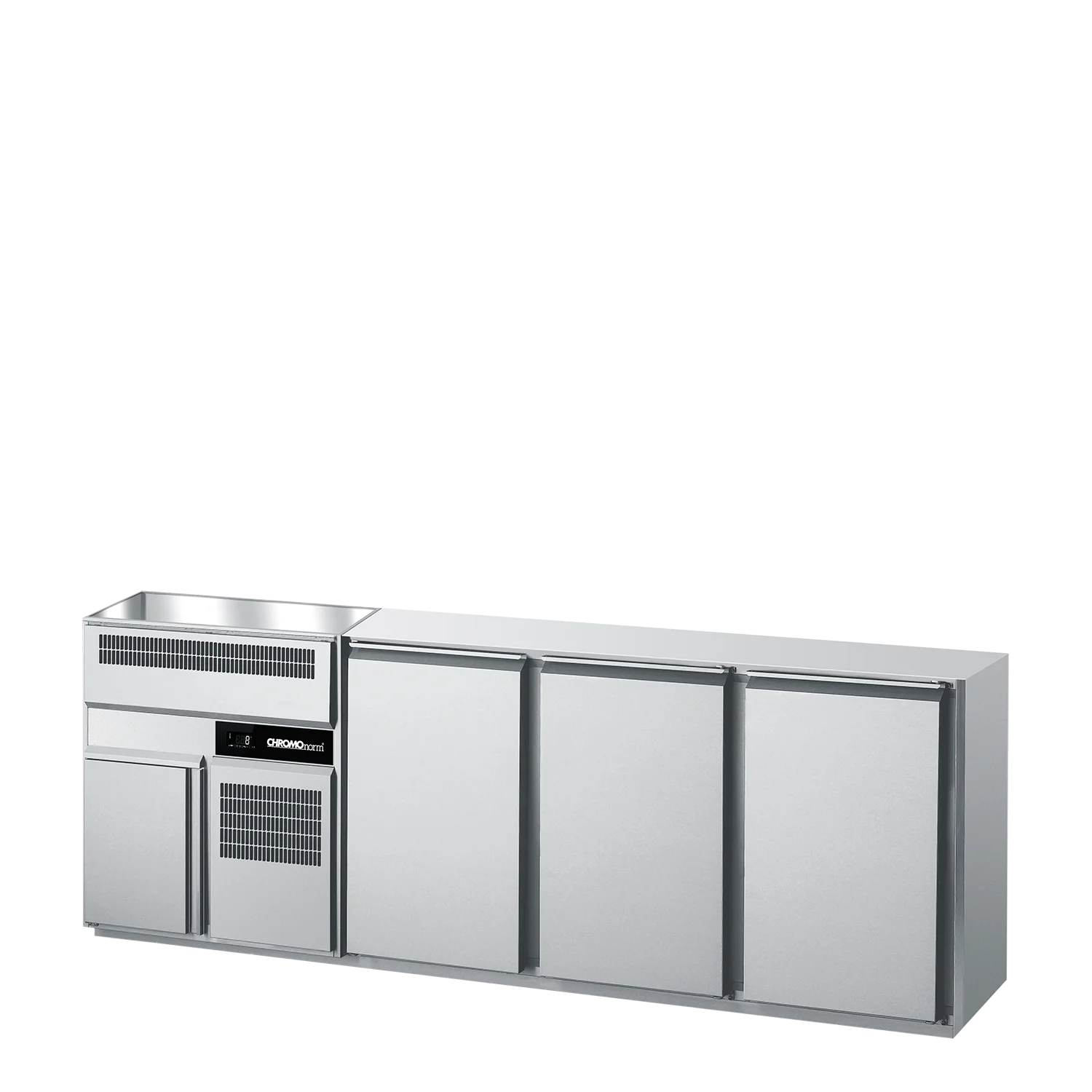 Bild von Getränketheke GN 1/1, 2 Becken links, 3 Türen, ohne Abdeckung, steckerfertig - 2450x656x930 mm