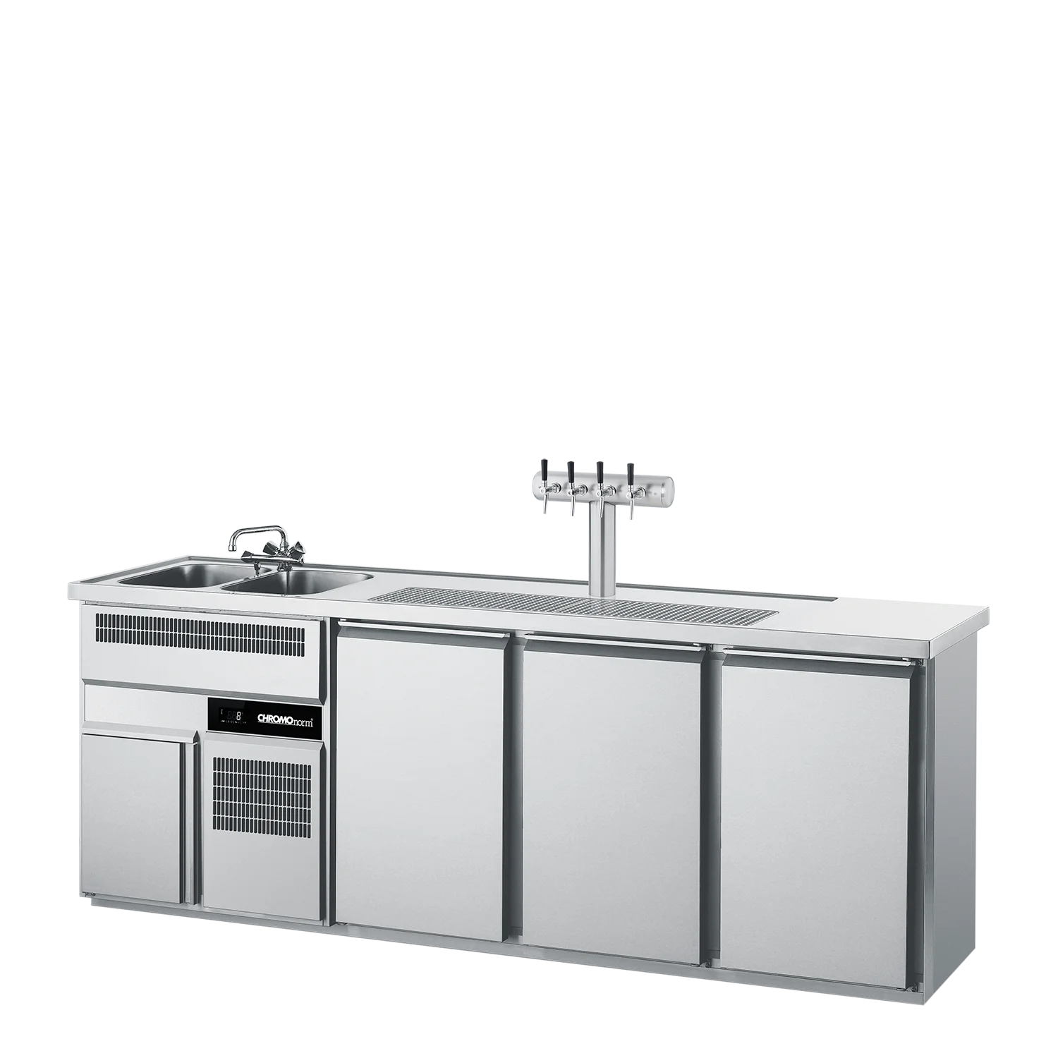 Bild von Getränketheke GN 1/1, 2 Becken links, 3 Türen, mit Abdeckung, steckerfertig - 2500x700x980 mm