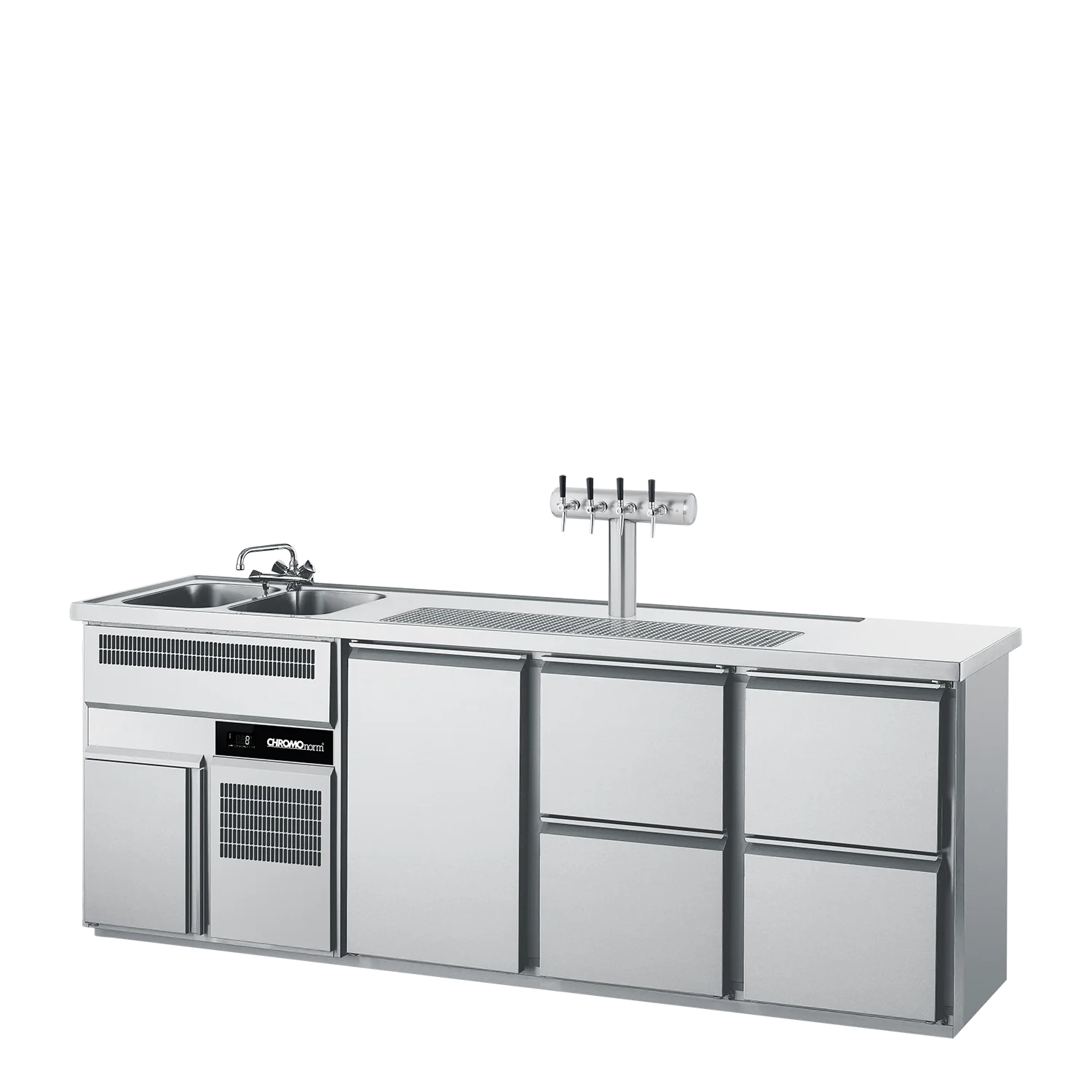 Bild von Getränketheke GN 1/1, 2 Becken links, 1 Tür, 4 Züge 1/2 - 2500x700x980 mm