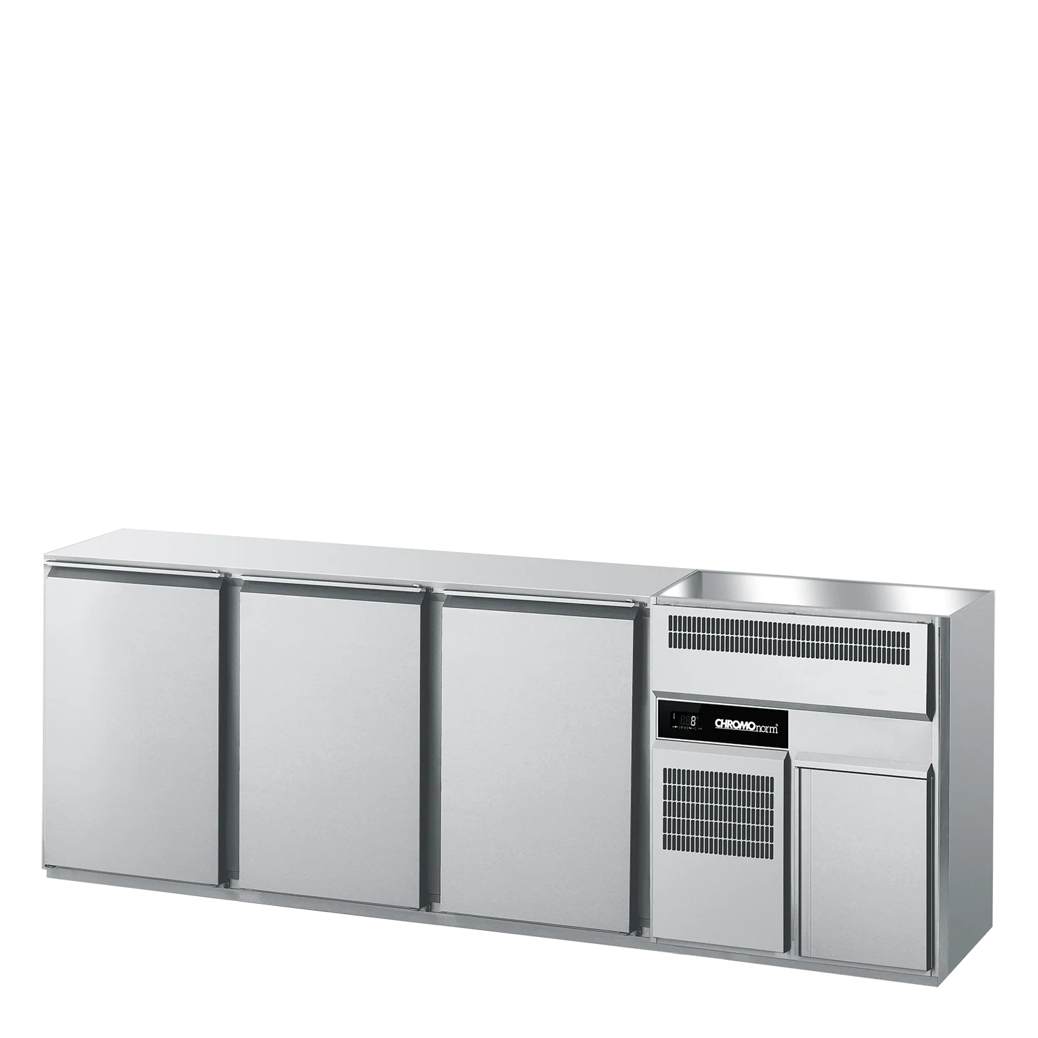 Bild von Getränketheke GN 1/1, 2 Becken rechts, 3 Türen, ohne Abdeckung, steckerfertig - 2450x656x930 mm