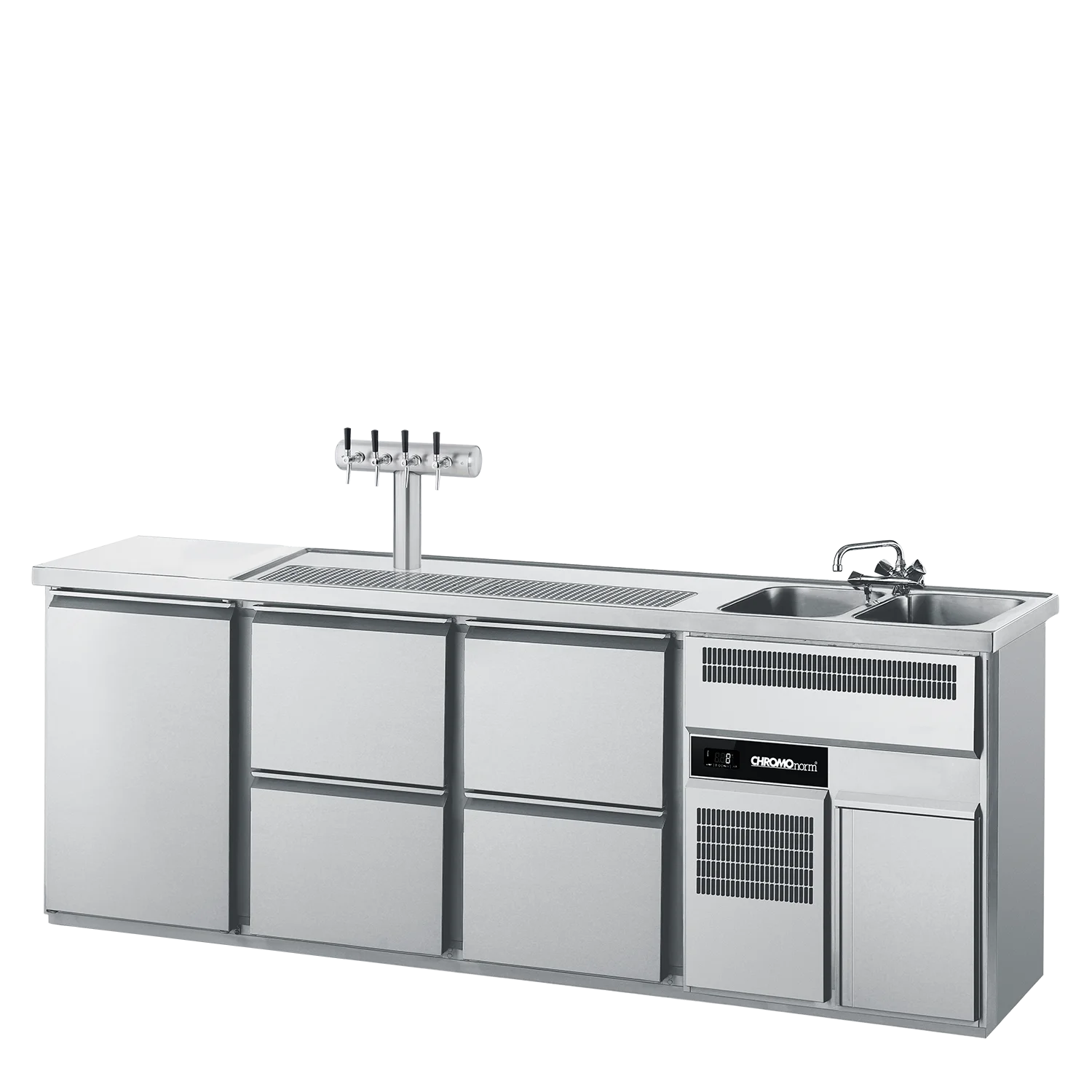 Bild von Getränketheke GN 1/1, 2 Becken rechts, 1 Tür, 4 Züge 1/2 - 2500x700x980 mm