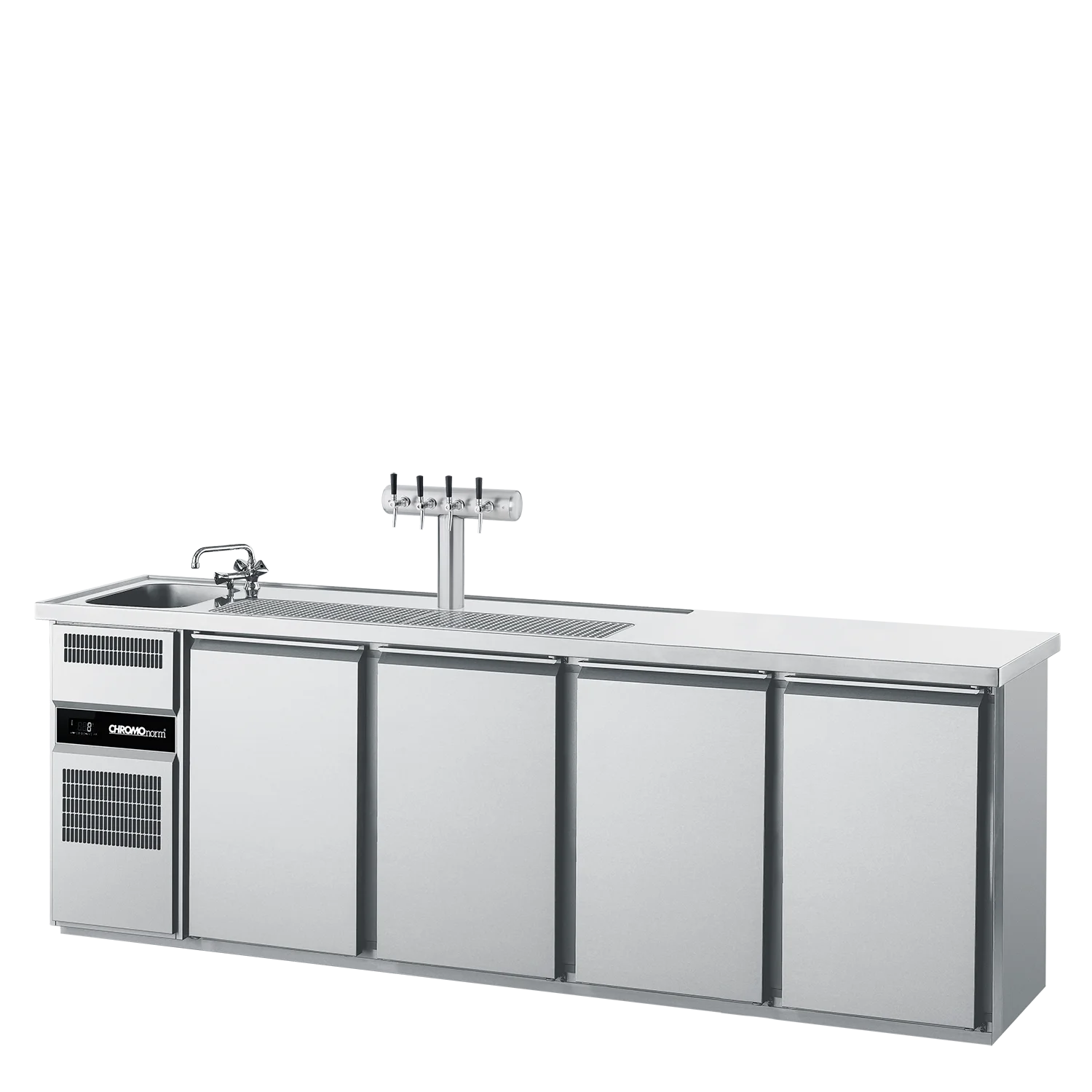 Bild von Getränketheke GN 1/1, 1 Becken links, 4 Türen, mit Abdeckung, steckerfertig - 2650x700x980 mm