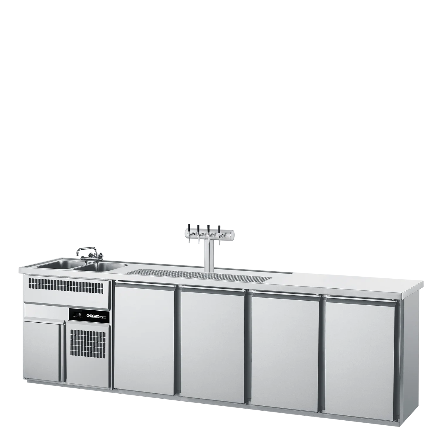 Bild von Getränketheke GN 1/1, 2 Becken links, 4 Türen, mit Abdeckung, steckerfertig - 3050x700x980 mm