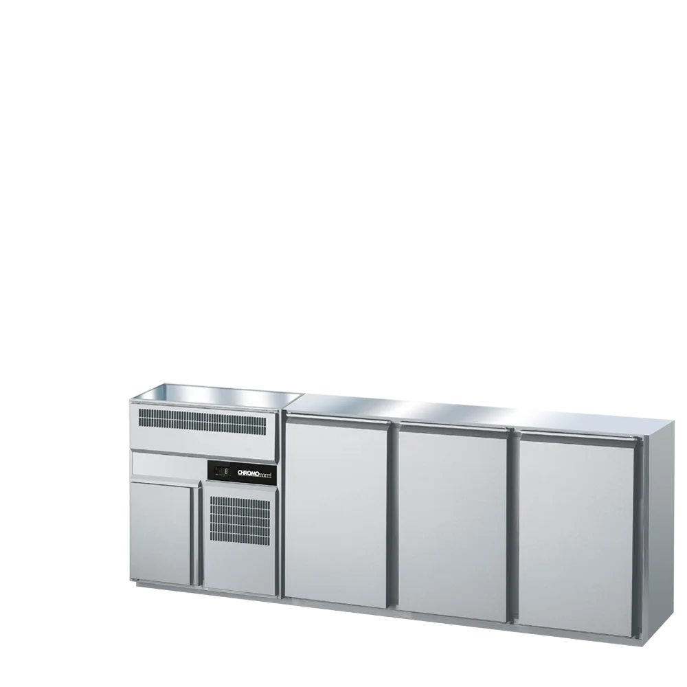 Bild von Getränketheke GN 1/1, 2 Becken links, 3 Türen, ohne Abdeckung, Zentralkühlung - 2450x656x930 mm