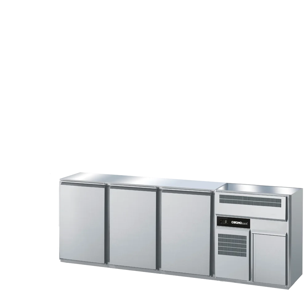 Bild von Getränketheke GN 1/1, 2 Becken rechts, 3 Türen, ohne Abdeckung, Zentralkühlung - 2450x656x930 mm