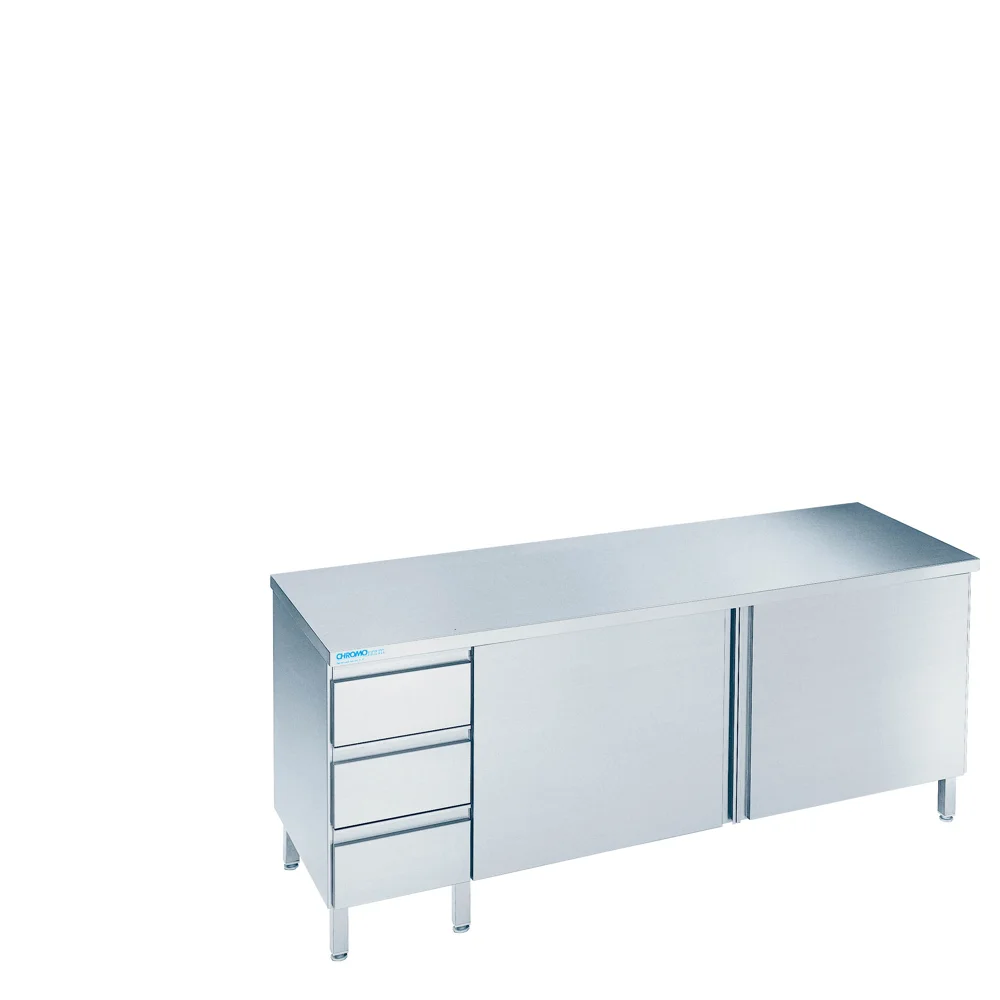 Bild von Arbeitsschrank mit Flügeltüren und Schubladenblock links, mit Tischplatte allseits ab - 1200x600x850/900 mm