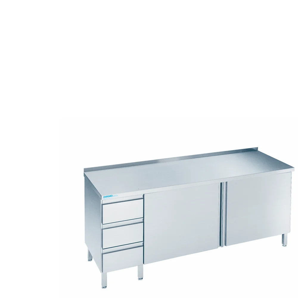 Bild von Arbeitsschrank mit Flügeltüren und Schubladenblock links, mit Tischplatte hinten auf - 1200x600x850/900 mm