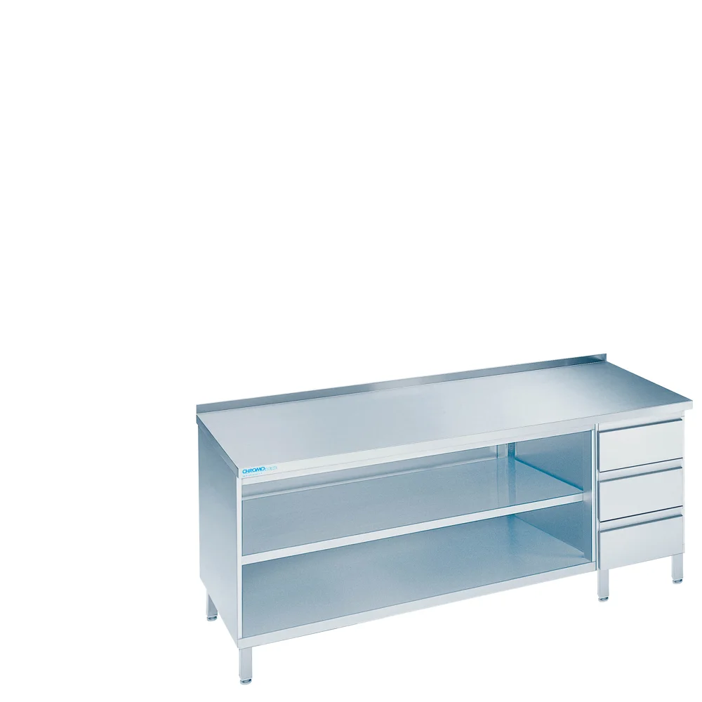 Bild von Arbeitsschrank offen mit Schubladenblock rechts, mit Tischplatte hinten auf - 800x600x850/900 mm