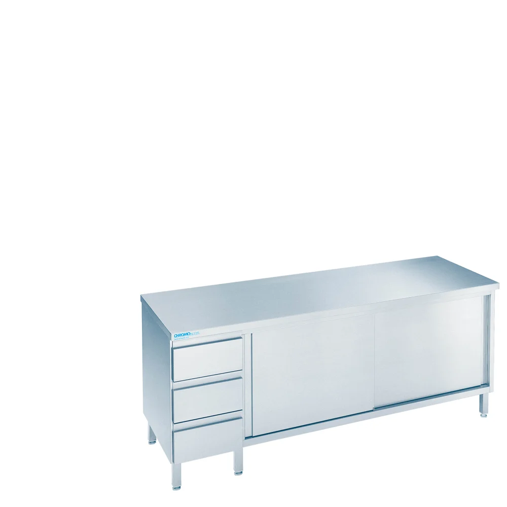 Bild von Arbeitsschrank mit Schiebetüren und Schubladenblock links, mit Tischplatte allseits ab - 1400x600x850/900 mm