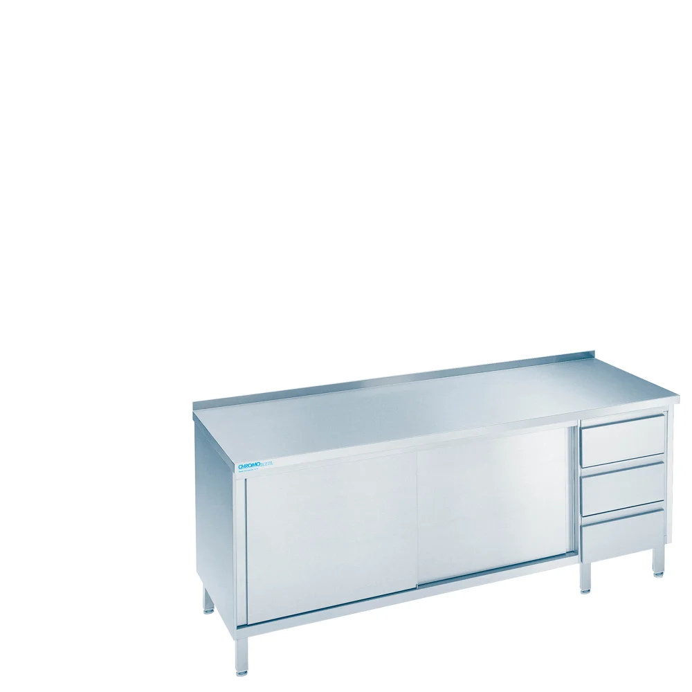 Bild von Arbeitsschrank mit Schiebetüren und Schubladenblock rechts, mit Tischplatte - 1400x600x850/900 mm