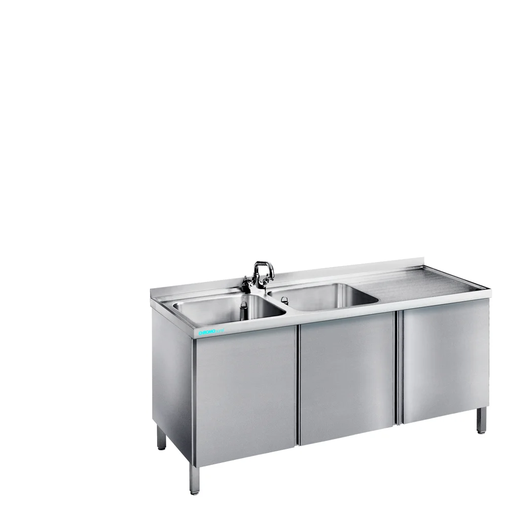 Bild von Spültisch mit 2 Becken links und Flügeltüren - 1500x600x850/900 mm