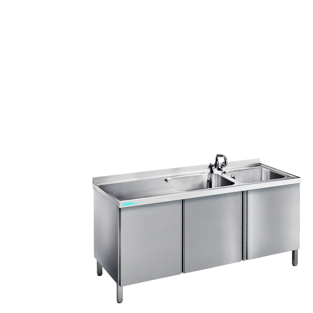 Bild von Spültisch mit 2 Becken rechts und Flügeltüren - 1500x600x850/900 mm