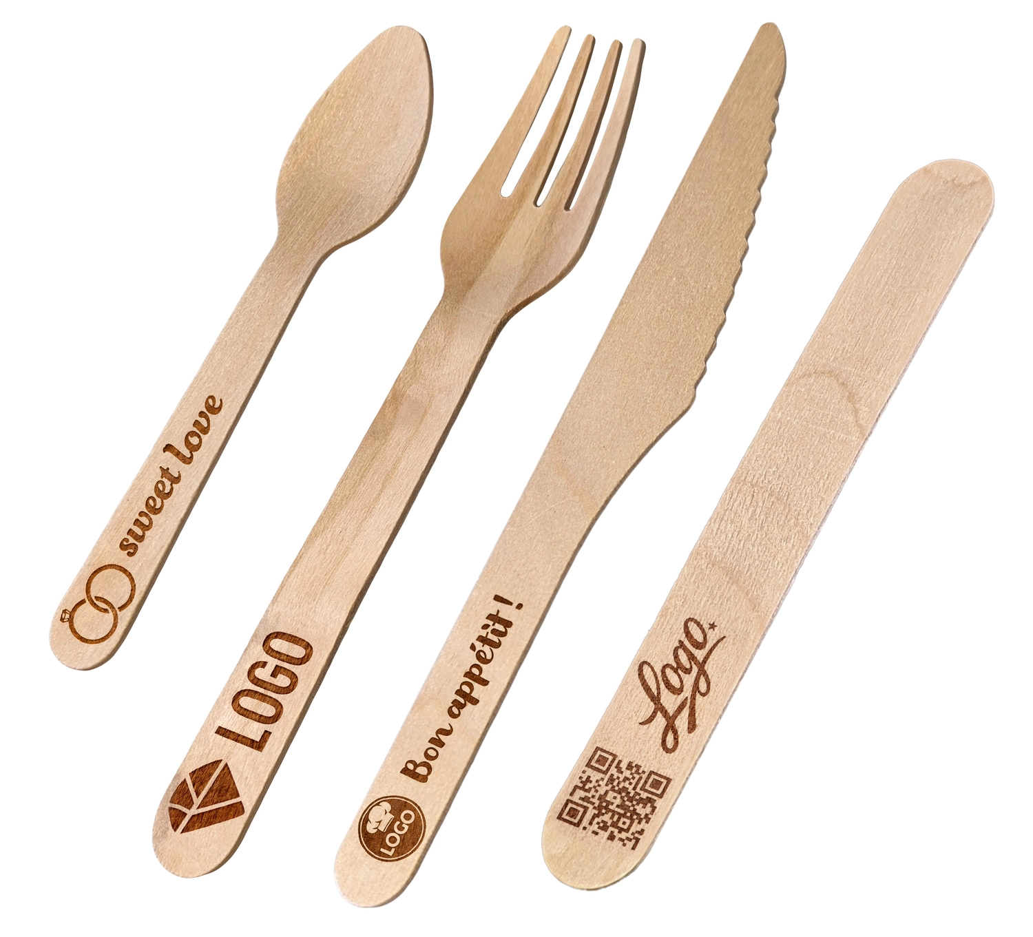 Bild von Lasergravur auf Einweg-Holzbesteck | Gabeln, Messer, Löffel und Holzstiele mit Ihrem Logo