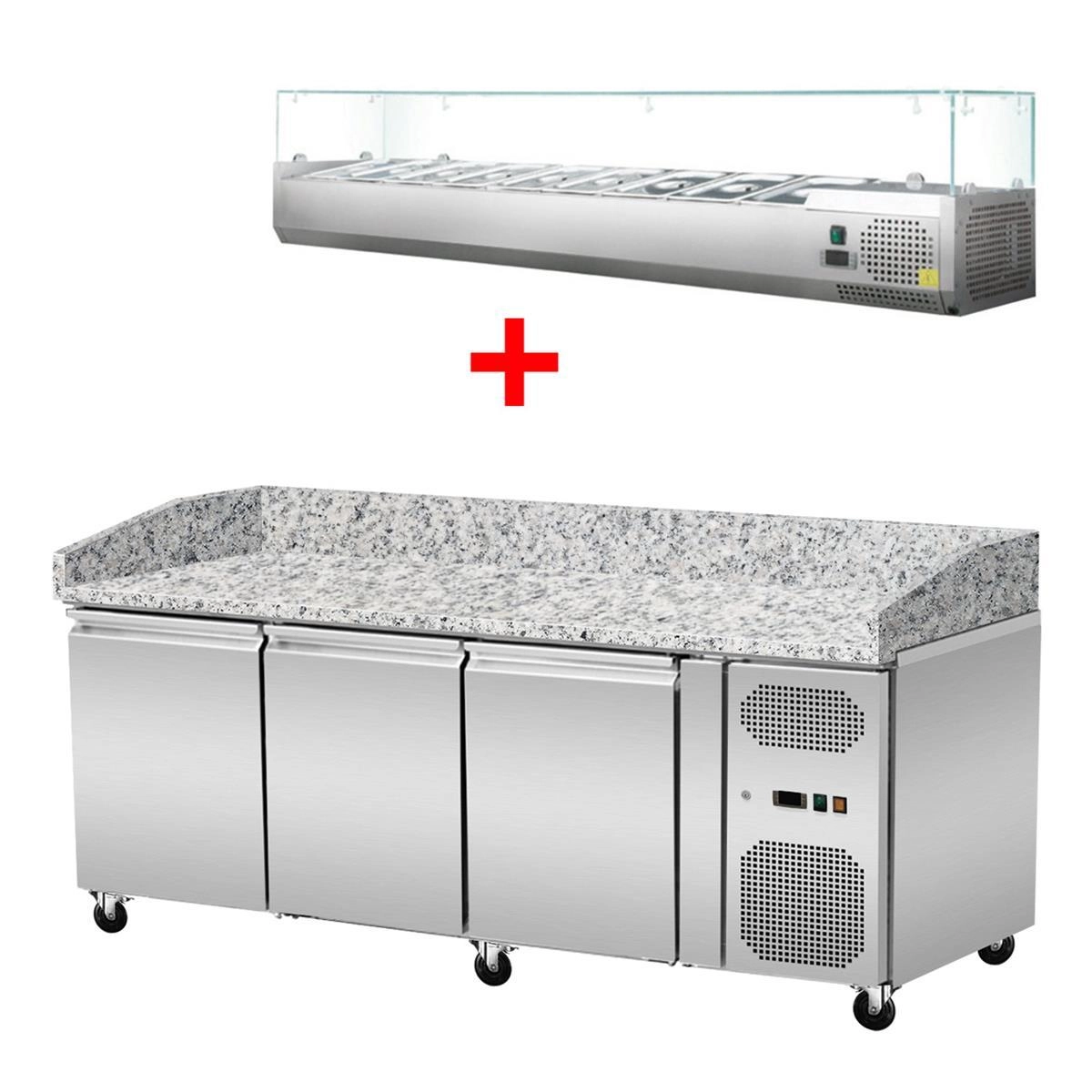 Bild von Pizza Kühltisch, Granit rosa-grau, 3 Türen, 203 x 80 Kühlaufsatz GN1/3 mit Glas