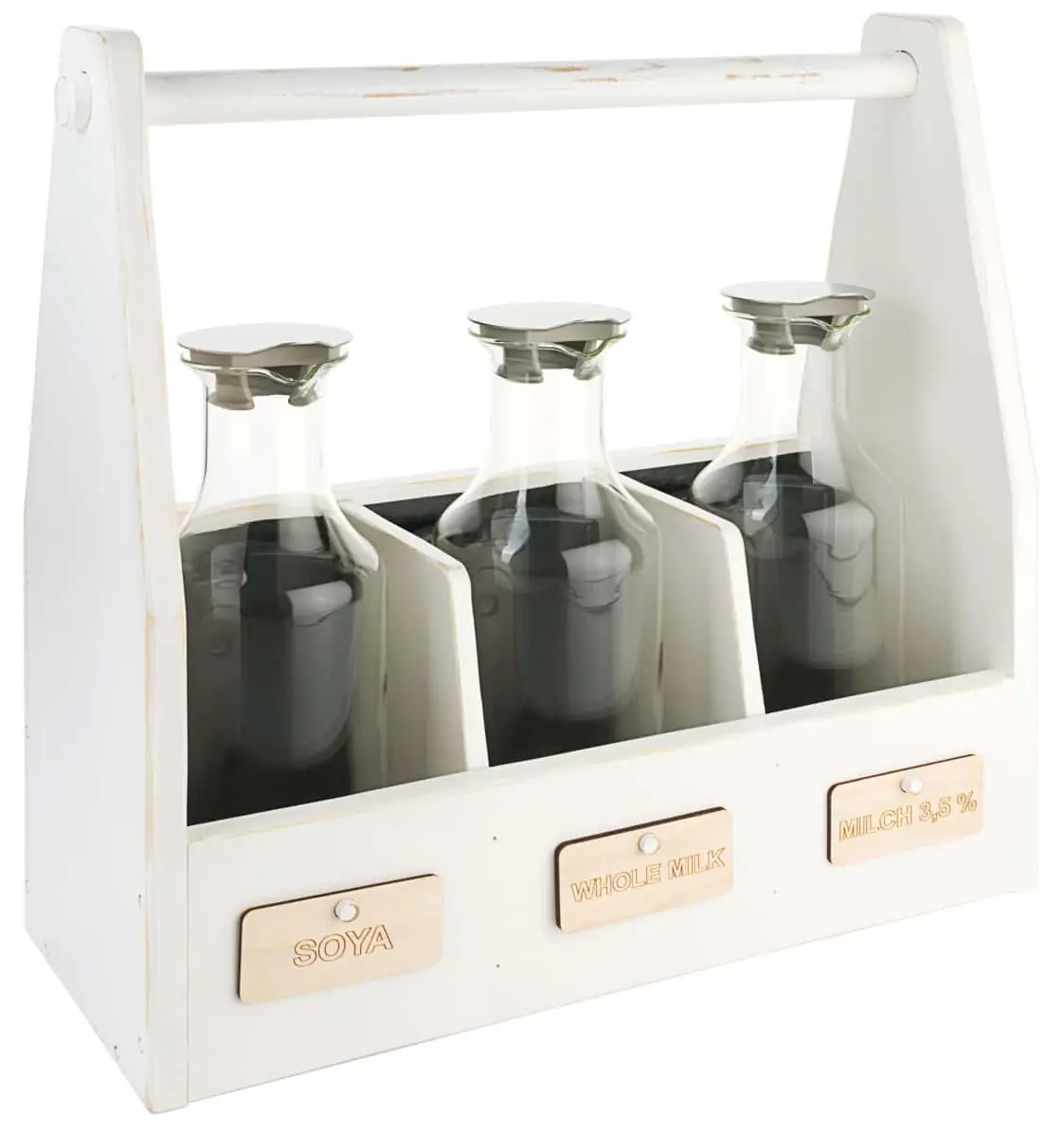 Bild von CARAFINE VINTAGE 'Trio', weiß lackiert im 'used look' mit 3 Glaskaraffen