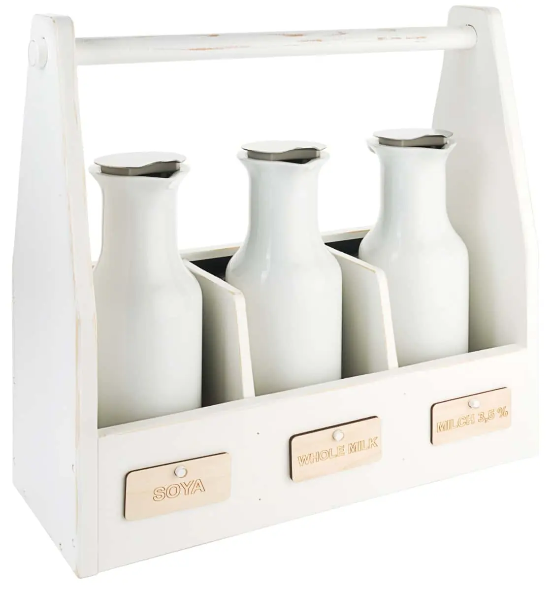 Bild von CARAFINE VINTAGE 'Trio', weiß lackiert im 'used look' mit 3 Porzellankaraffen